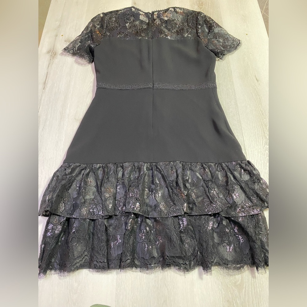Shoshanna Black Lace Trim Short Sleeve Ruffle Hem Dress Knee Length Dress, Sz 8 - Picture 8 of 14